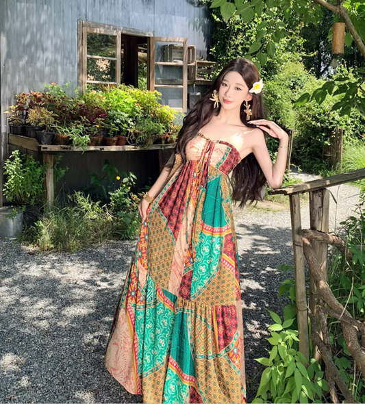 Boho-Inspired Color-Block Hollow-Out Maxi Dress Flowy Vintage Adjustable Halter Long Dress AP1309