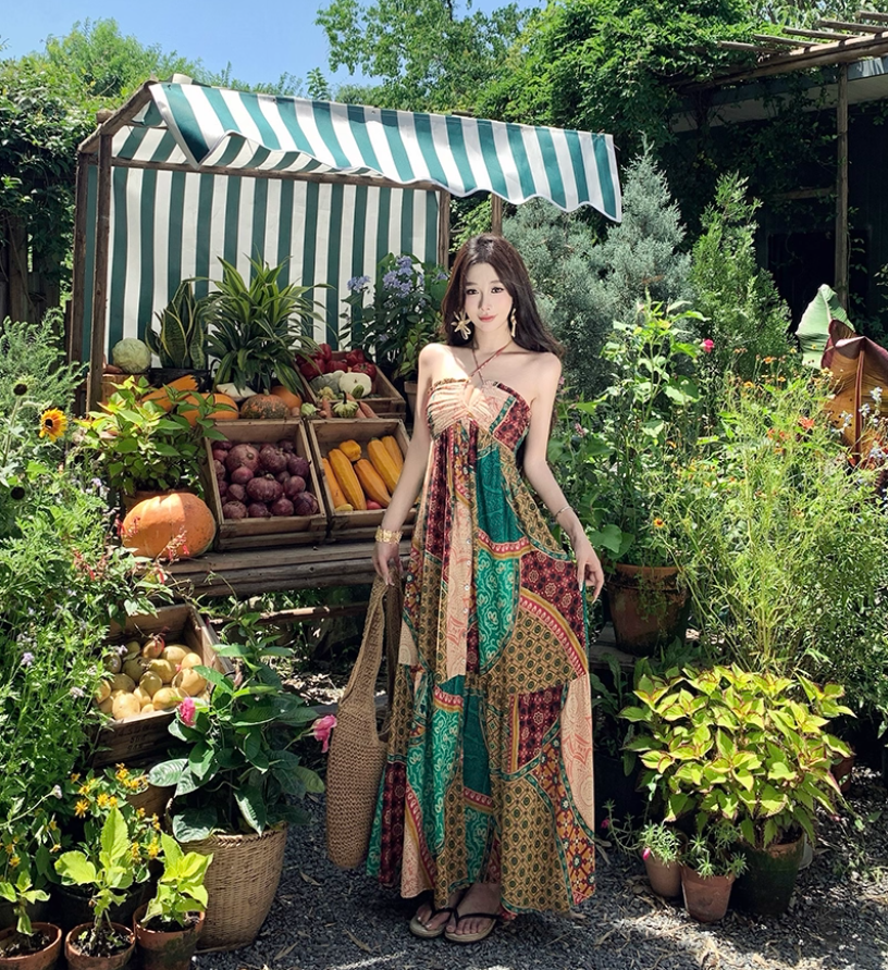 Boho-Inspired Color-Block Hollow-Out Maxi Dress Flowy Vintage Adjustable Halter Long Dress AP1309