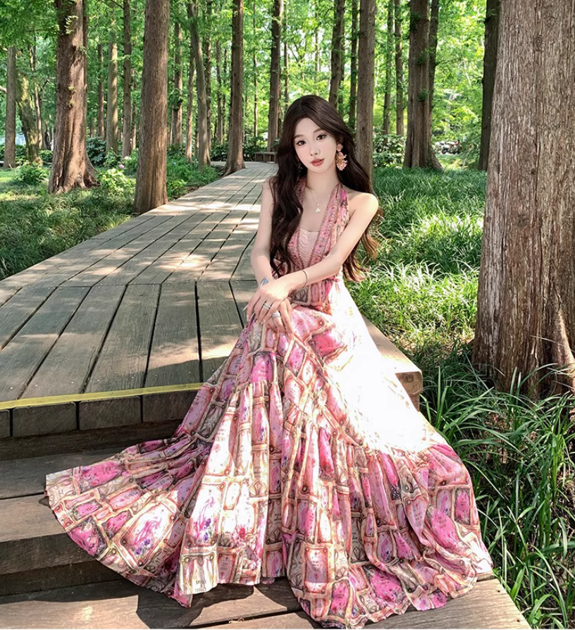 Charming Pink Beading Ruffles Maxi Dress Romantic Flowy Loose Style Backless Halter Long Dress AP1311