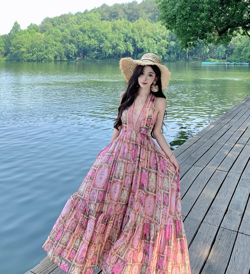 Charming Pink Beading Ruffles Maxi Dress Romantic Flowy Loose Style Backless Halter Long Dress AP1311