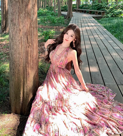 Charming Pink Beading Ruffles Maxi Dress Romantic Flowy Loose Style Backless Halter Long Dress AP1311