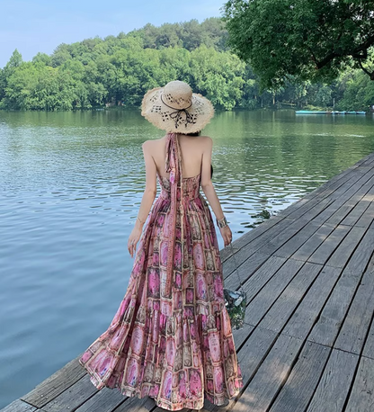 Charming Pink Beading Ruffles Maxi Dress Romantic Flowy Loose Style Backless Halter Long Dress AP1311