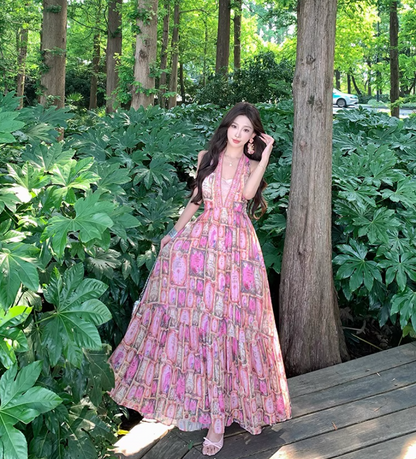 Charming Pink Beading Ruffles Maxi Dress Romantic Flowy Loose Style Backless Halter Long Dress AP1311