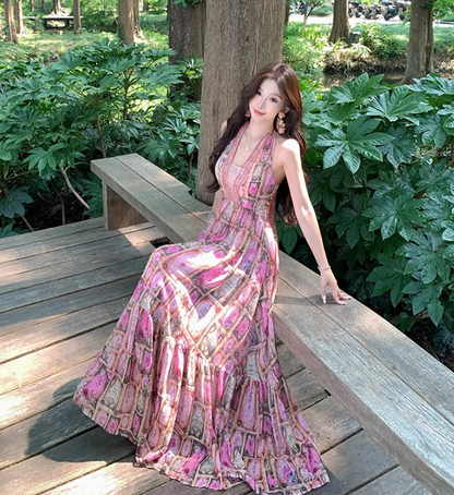 Charming Pink Beading Ruffles Maxi Dress Romantic Flowy Loose Style Backless Halter Long Dress AP1311