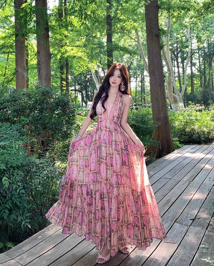 Charming Pink Beading Ruffles Maxi Dress Romantic Flowy Loose Style Backless Halter Long Dress AP1311