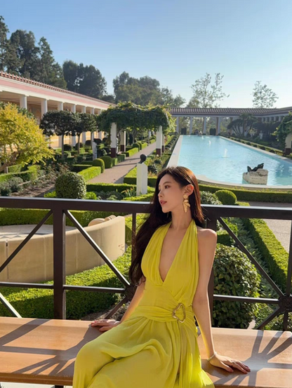 Novelty Yellow High Slit Maxi Dress Vibrant Flowy Backless Natural Draped Halter Long Dress AP1312