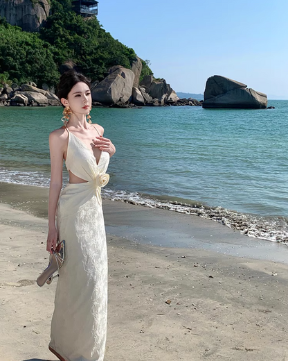 Elegant Open-Waist Floral Design Maxi Dress Chic Mermaid Backless Tie-Back Halter Long Dress AP1313