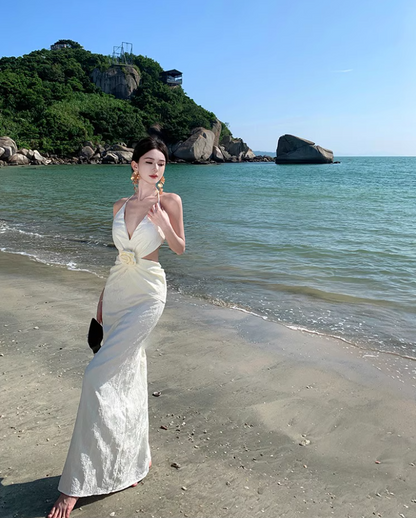 Elegant Open-Waist Floral Design Maxi Dress Chic Mermaid Backless Tie-Back Halter Long Dress AP1313