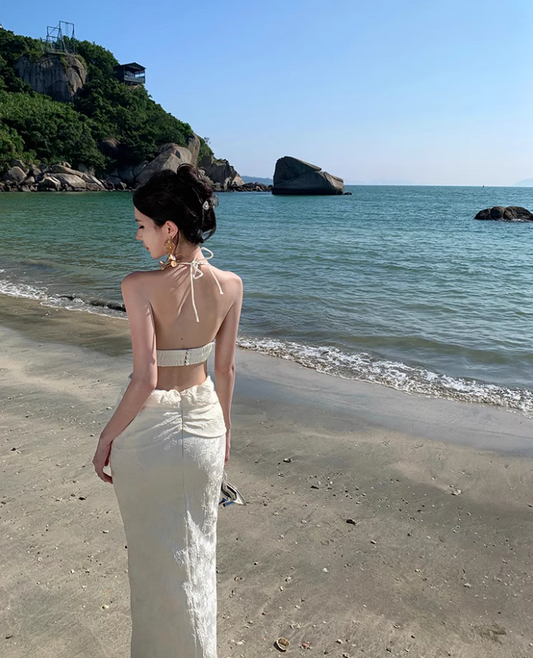 Elegant Open-Waist Floral Design Maxi Dress Chic Mermaid Backless Tie-Back Halter Long Dress AP1313