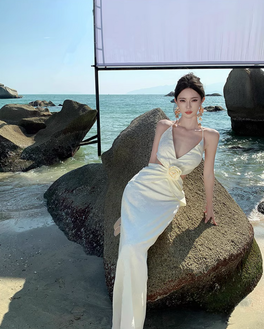 Elegant Open-Waist Floral Design Maxi Dress Chic Mermaid Backless Tie-Back Halter Long Dress AP1313