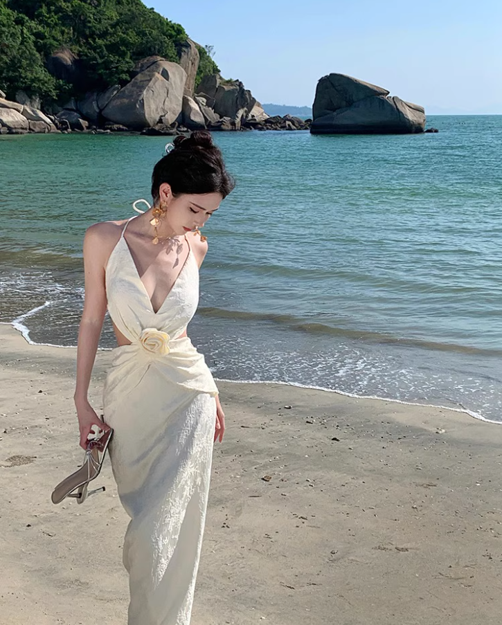 Elegant Open-Waist Floral Design Maxi Dress Chic Mermaid Backless Tie-Back Halter Long Dress AP1313