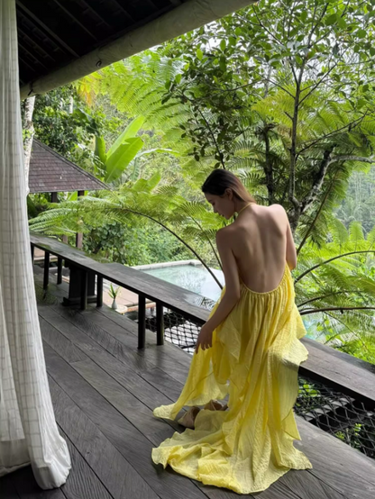 Alluring Asymmetric Neck Yellow Maxi Dress Niche High-Slit Backless Ruffles Halter Long Dress AP1314