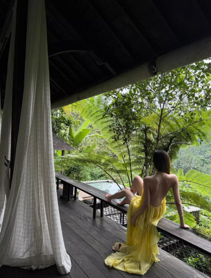 Alluring Asymmetric Neck Yellow Maxi Dress Niche High-Slit Backless Ruffles Halter Long Dress AP1314