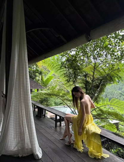 Alluring Asymmetric Neck Yellow Maxi Dress Niche High-Slit Backless Ruffles Halter Long Dress AP1314