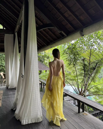 Alluring Asymmetric Neck Yellow Maxi Dress Niche High-Slit Backless Ruffles Halter Long Dress AP1314