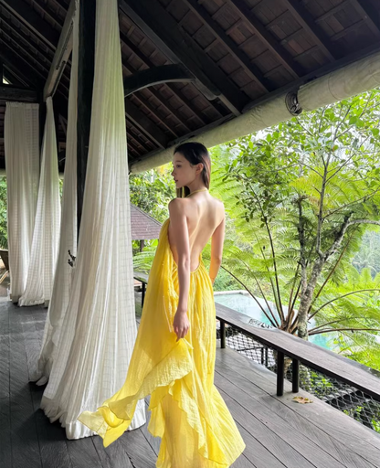 Alluring Asymmetric Neck Yellow Maxi Dress Niche High-Slit Backless Ruffles Halter Long Dress AP1314