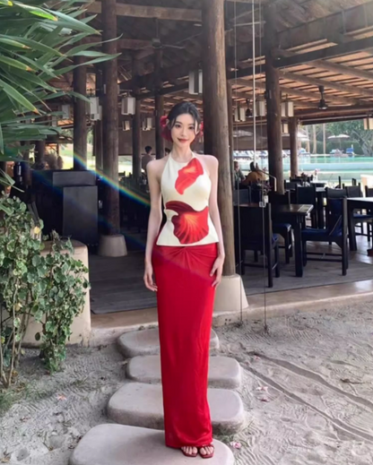 Retro Two-Piece Set Red Flower Print Maxi Dress Vibrant Sheath Backless Halter Long Dress AP1315