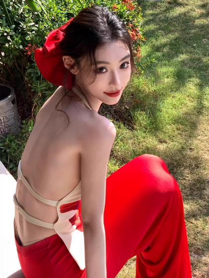 Retro Two-Piece Set Red Flower Print Maxi Dress Vibrant Sheath Backless Halter Long Dress AP1315