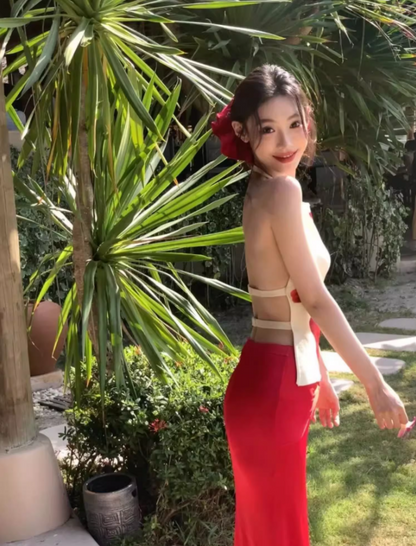 Retro Two-Piece Set Red Flower Print Maxi Dress Vibrant Sheath Backless Halter Long Dress AP1315