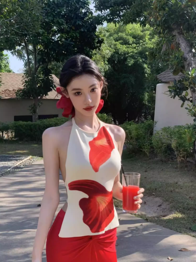 Retro Two-Piece Set Red Flower Print Maxi Dress Vibrant Sheath Backless Halter Long Dress AP1315