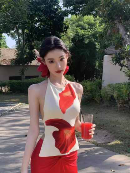 Retro Two-Piece Set Red Flower Print Maxi Dress Vibrant Sheath Backless Halter Long Dress AP1315