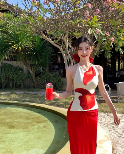 Retro Two-Piece Set Red Flower Print Maxi Dress Vibrant Sheath Backless Halter Long Dress AP1315