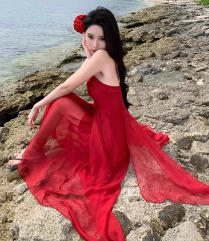 Charming Red Cinched-Waist Maxi Dress Vogue Ruffles Cascade Tulle Spaghetti Strap Long Dress AP1316