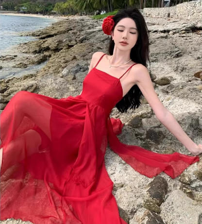 Charming Red Cinched-Waist Maxi Dress Vogue Ruffles Cascade Tulle Spaghetti Strap Long Dress AP1316