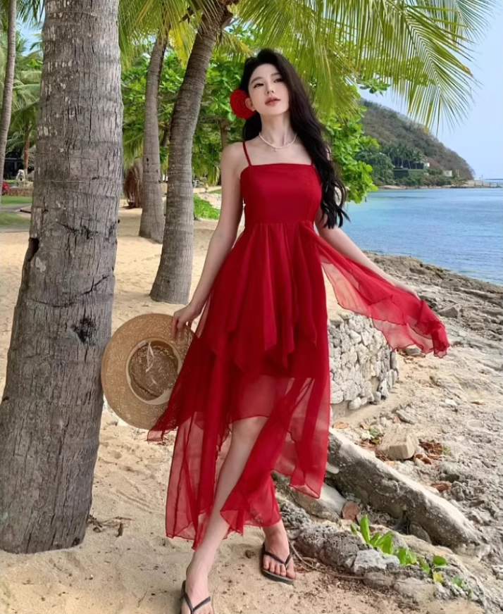 Charming Red Cinched-Waist Maxi Dress Vogue Ruffles Cascade Tulle Spaghetti Strap Long Dress AP1316