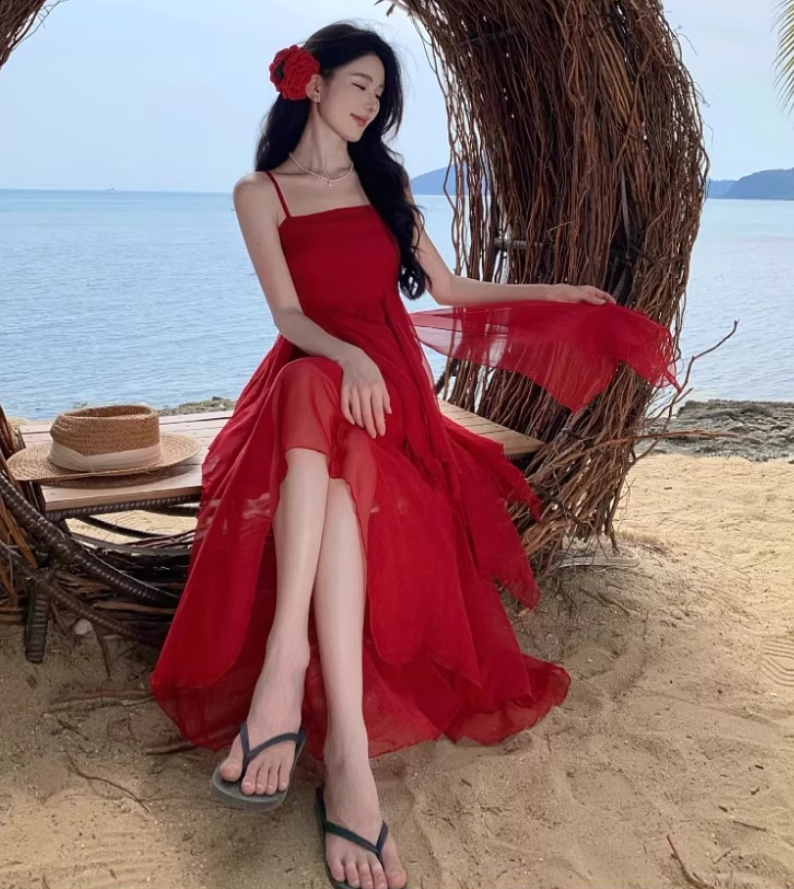 Charming Red Cinched-Waist Maxi Dress Vogue Ruffles Cascade Tulle Spaghetti Strap Long Dress AP1316