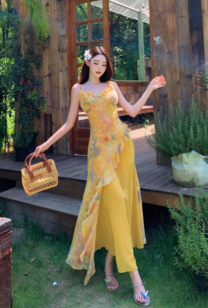 Cute Yellow Flowers Design Cinched-Waist Maxi Dress Niche Tulle Splicing Ruffles Hem Spaghetti Strap Long Dress AP1317