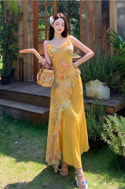 Cute Yellow Flowers Design Cinched-Waist Maxi Dress Niche Tulle Splicing Ruffles Hem Spaghetti Strap Long Dress AP1317