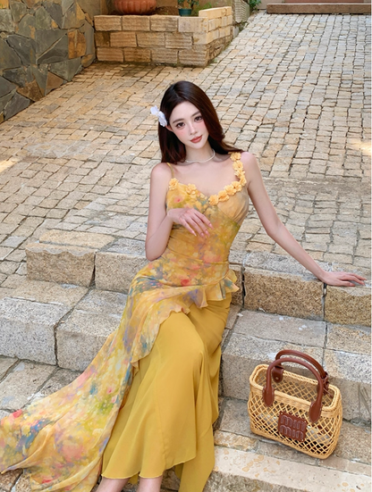 Cute Yellow Flowers Design Cinched-Waist Maxi Dress Niche Tulle Splicing Ruffles Hem Spaghetti Strap Long Dress AP1317
