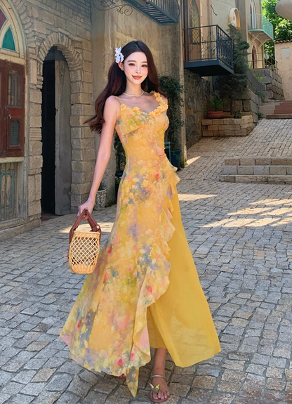 Cute Yellow Flowers Design Cinched-Waist Maxi Dress Niche Tulle Splicing Ruffles Hem Spaghetti Strap Long Dress AP1317