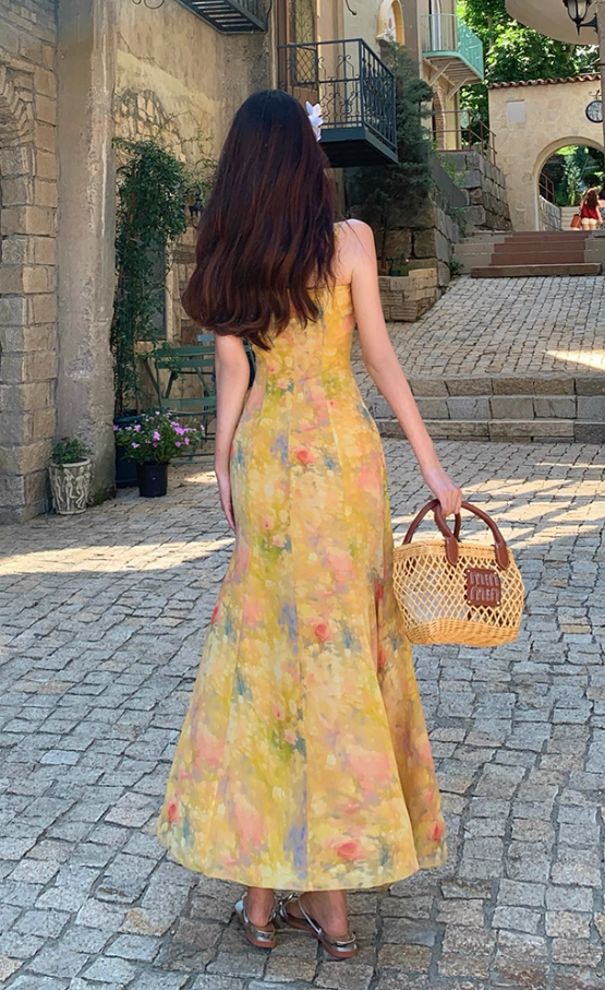 Cute Yellow Flowers Design Cinched-Waist Maxi Dress Niche Tulle Splicing Ruffles Hem Spaghetti Strap Long Dress AP1317