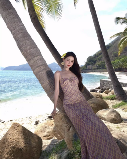 Classical Plaid Cinched-Waist Maxi Dress Chic Beach Getaways A-Line Spaghetti Strap Long Dress AP1318