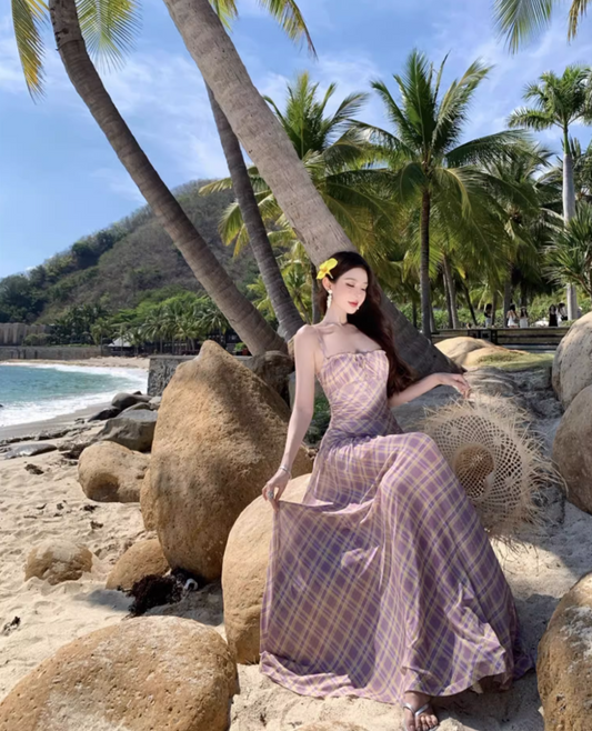 Classical Plaid Cinched-Waist Maxi Dress Chic Beach Getaways A-Line Spaghetti Strap Long Dress AP1318