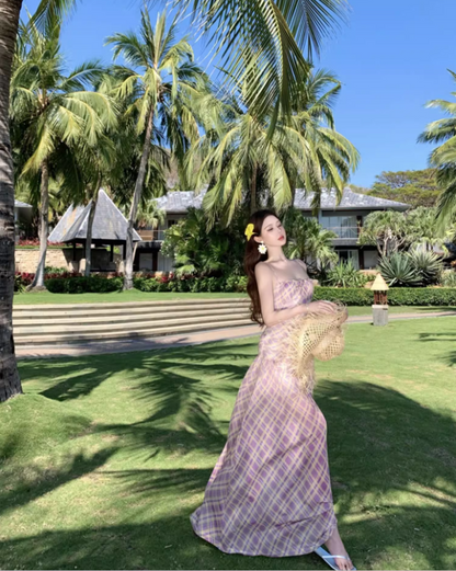 Classical Plaid Cinched-Waist Maxi Dress Chic Beach Getaways A-Line Spaghetti Strap Long Dress AP1318
