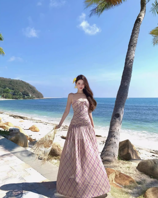 Classical Plaid Cinched-Waist Maxi Dress Chic Beach Getaways A-Line Spaghetti Strap Long Dress AP1318