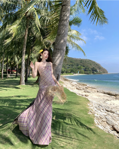 Classical Plaid Cinched-Waist Maxi Dress Chic Beach Getaways A-Line Spaghetti Strap Long Dress AP1318