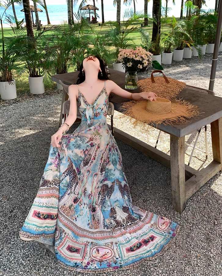 Boho Style Tie-Front Deep V-Neck Maxi Dress Fashion Beach Getaways Printed Spaghetti Strap Long Dress AP1319