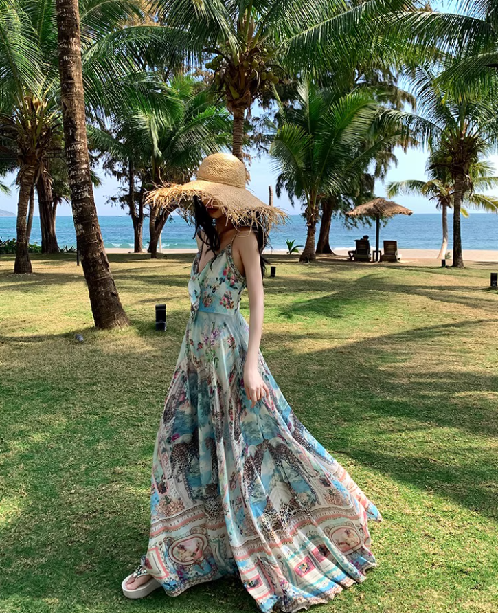 Boho Style Tie-Front Deep V-Neck Maxi Dress Fashion Beach Getaways Printed Spaghetti Strap Long Dress AP1319