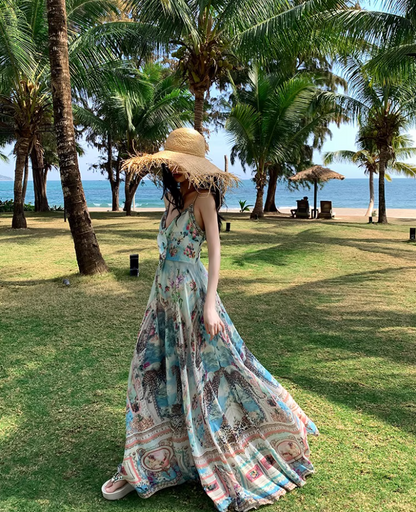 Boho Style Tie-Front Deep V-Neck Maxi Dress Fashion Beach Getaways Printed Spaghetti Strap Long Dress AP1319