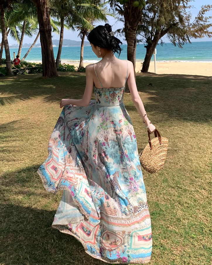 Boho Style Tie-Front Deep V-Neck Maxi Dress Fashion Beach Getaways Printed Spaghetti Strap Long Dress AP1319