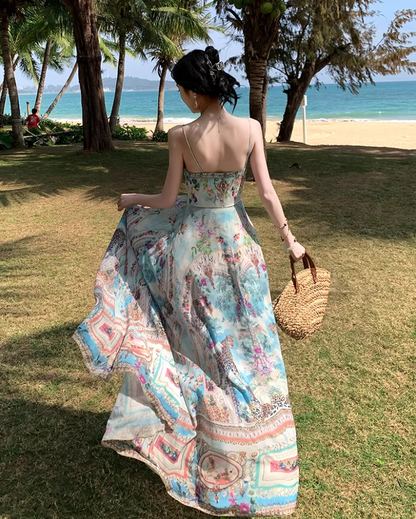 Boho Style Tie-Front Deep V-Neck Maxi Dress Fashion Beach Getaways Printed Spaghetti Strap Long Dress AP1319