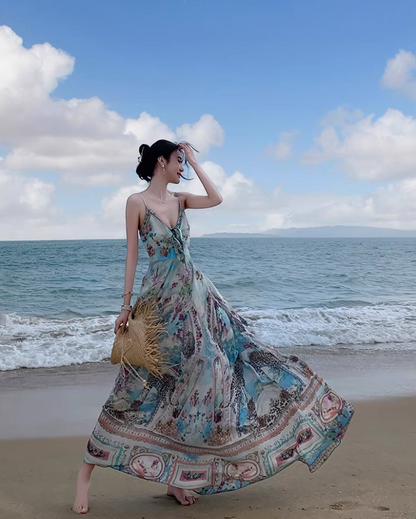 Boho Style Tie-Front Deep V-Neck Maxi Dress Fashion Beach Getaways Printed Spaghetti Strap Long Dress AP1319