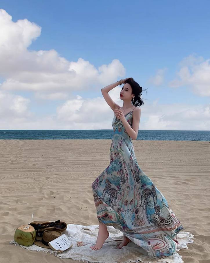 Boho Style Tie-Front Deep V-Neck Maxi Dress Fashion Beach Getaways Printed Spaghetti Strap Long Dress AP1319