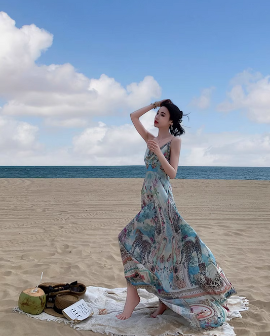 Boho Style Tie-Front Deep V-Neck Maxi Dress Fashion Beach Getaways Printed Spaghetti Strap Long Dress AP1319