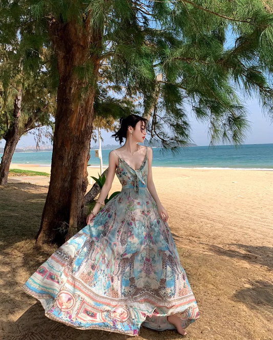 Boho Style Tie-Front Deep V-Neck Maxi Dress Fashion Beach Getaways Printed Spaghetti Strap Long Dress AP1319