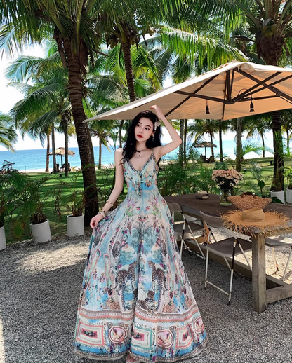 Boho Style Tie-Front Deep V-Neck Maxi Dress Fashion Beach Getaways Printed Spaghetti Strap Long Dress AP1319